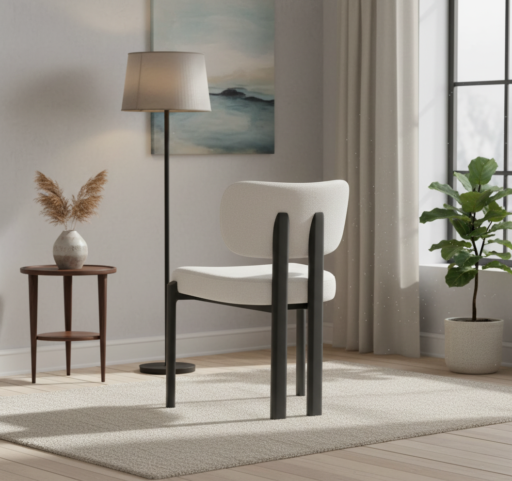 CHAISE ERM-BAGUETTE PIED METAL NOIR TISSUS SERGE CHENILLE BEIGE