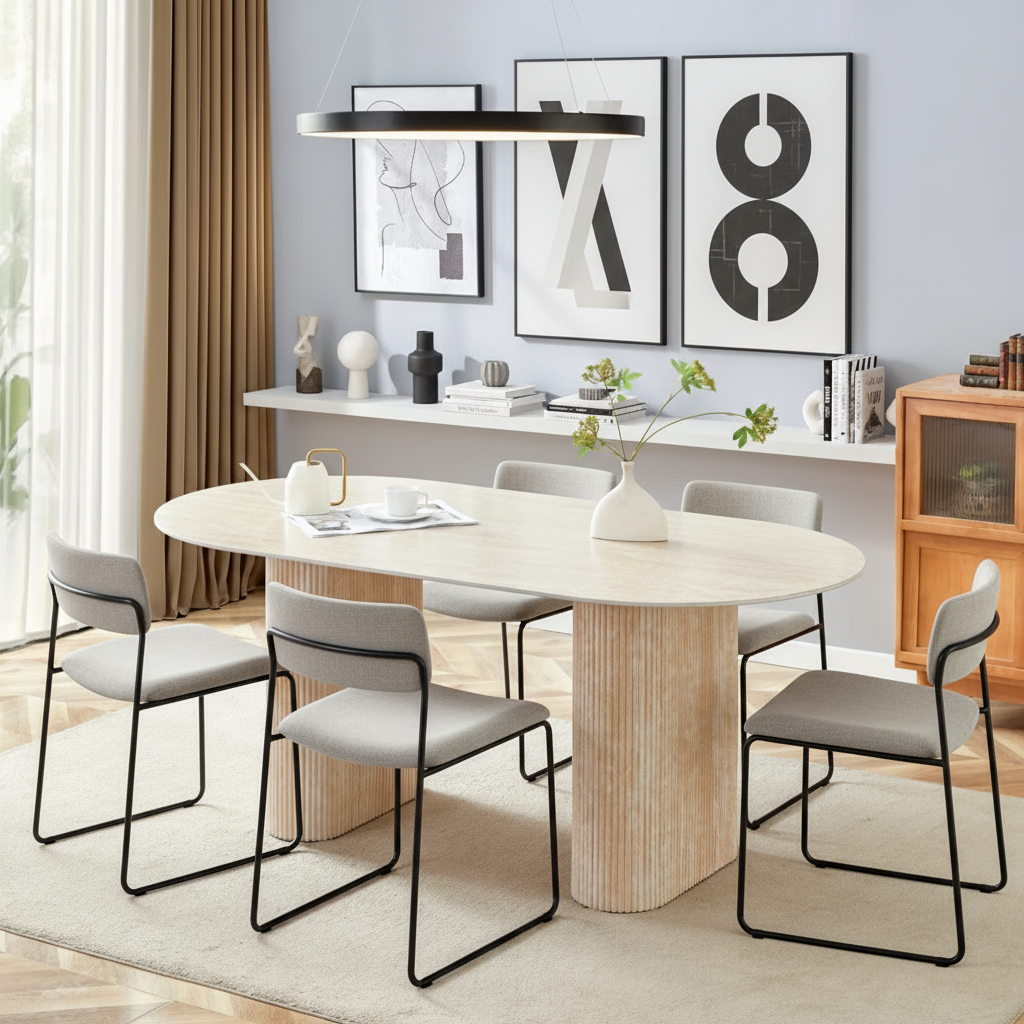 Table à manger ERM-Roxy effet travertin brillant 180x90cm