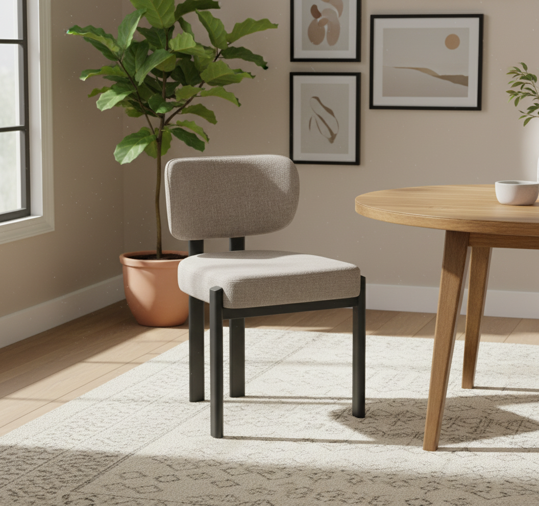 CHAISE ERM-BAGUETTE PIED METAL NOIR TISSUS SERGE CHENILLE MOKA