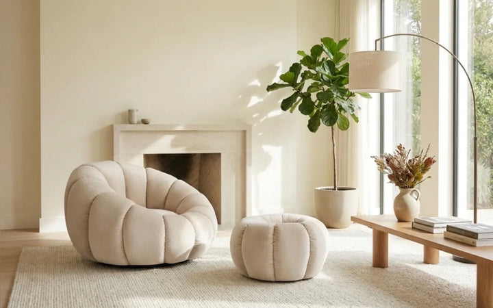 Fauteuil Perle-ERM pivotant en velours beige+ pouf/ repose pied