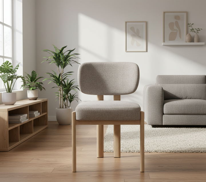 CHAISE ERM-BAGUETTE PIED EFFET BOIS TISSUS SERGE CHENILLE MOKA