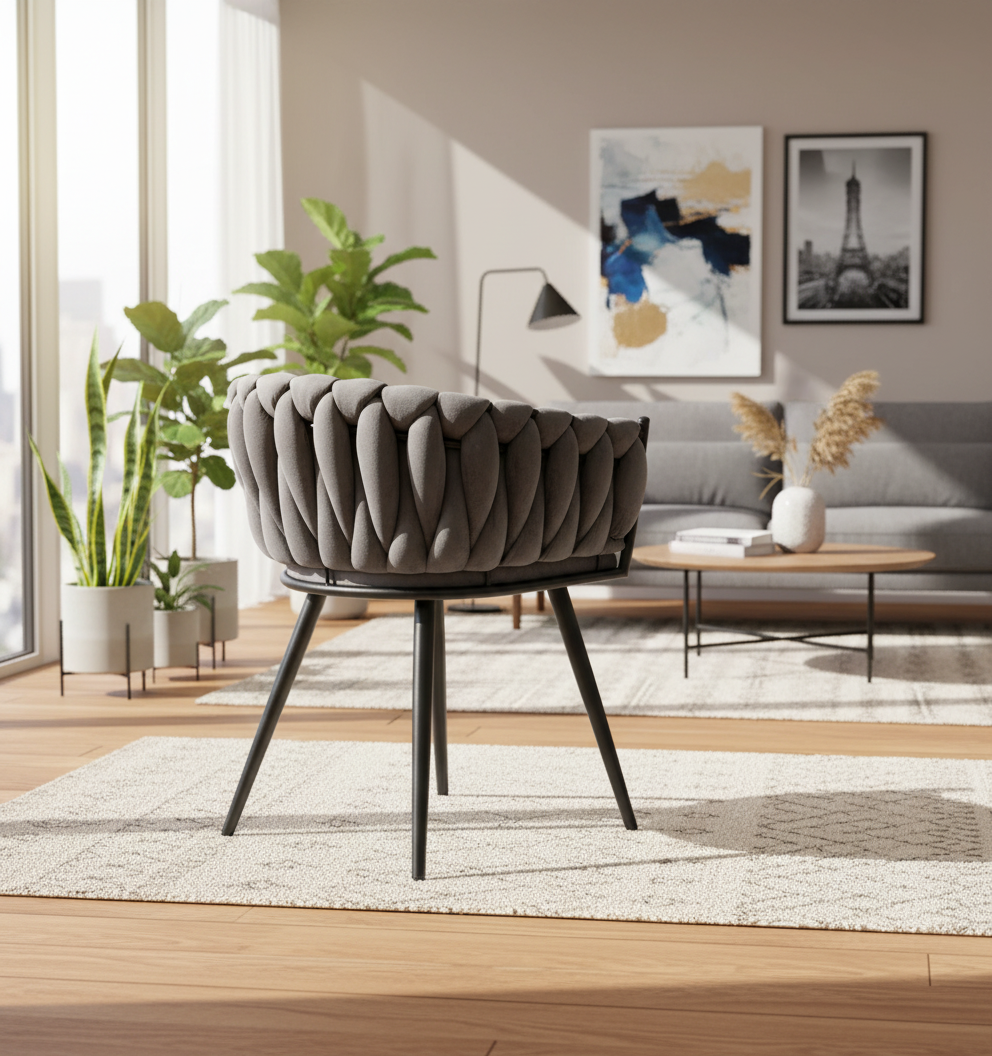 CHAISE ERM-AVEC ACCOUDOIR TRESSEE PIED METAL NOIR VELOURS ANTHRACITE