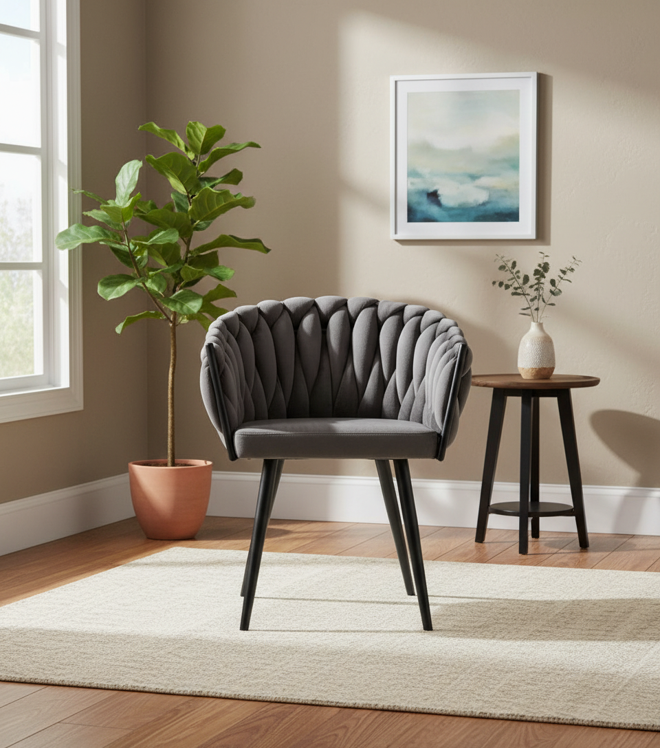 CHAISE ERM-AVEC ACCOUDOIR TRESSEE PIED METAL NOIR VELOURS ANTHRACITE