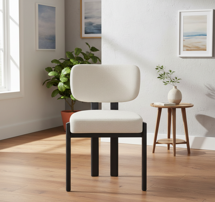 CHAISE ERM-BAGUETTE PIED METAL NOIR TISSUS SERGE CHENILLE BEIGE