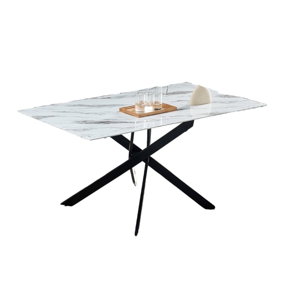 Table Repas JESSICA Métal noir et plateau en verre 150 cm 4 à 6 couverts