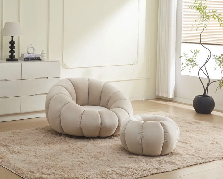 Fauteuil Perle-ERM pivotant en velours beige+ pouf/ repose pied