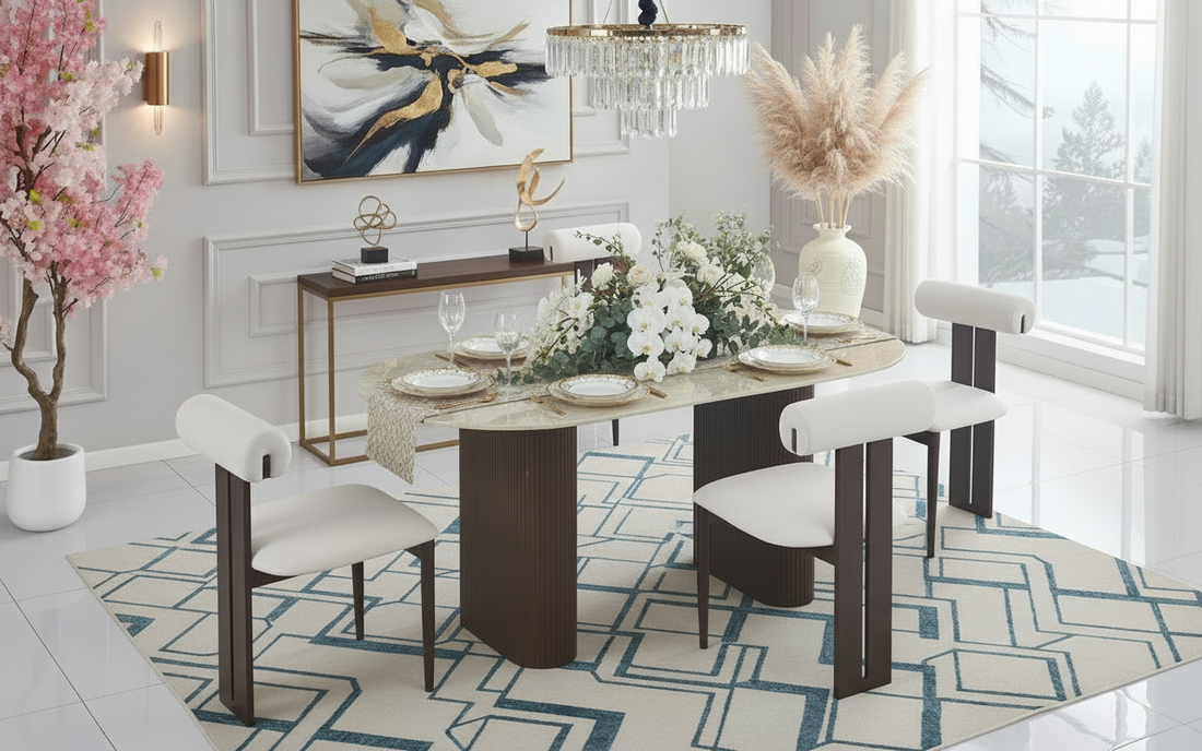 Table à manger ERM-Roxy effet travertin brillant 180x90cm