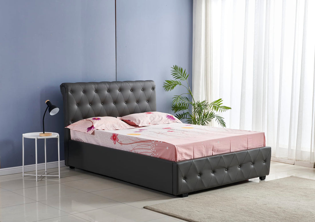LIT COCTO CAPITONNE AVEC BOUTON EN SIMILICUIR GRIS 140x190 cm