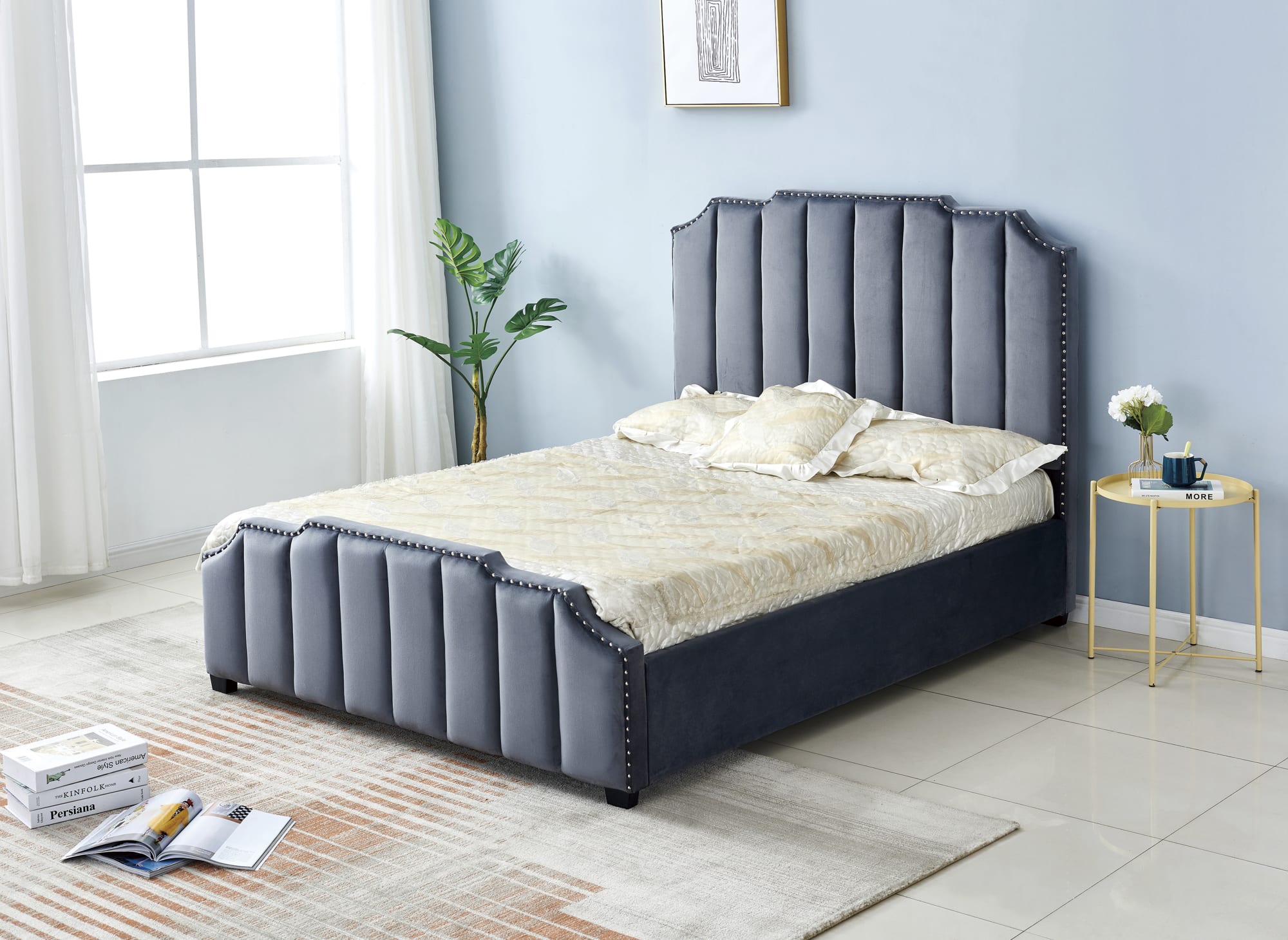 Lit adulte 2 places 160x200 cm PEPPER velours clo?té sommier inclus