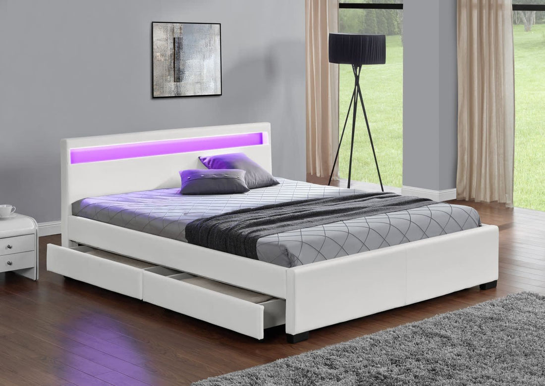 Lit 2 places 140x190 cm TIROIRS et LED sommier inclus