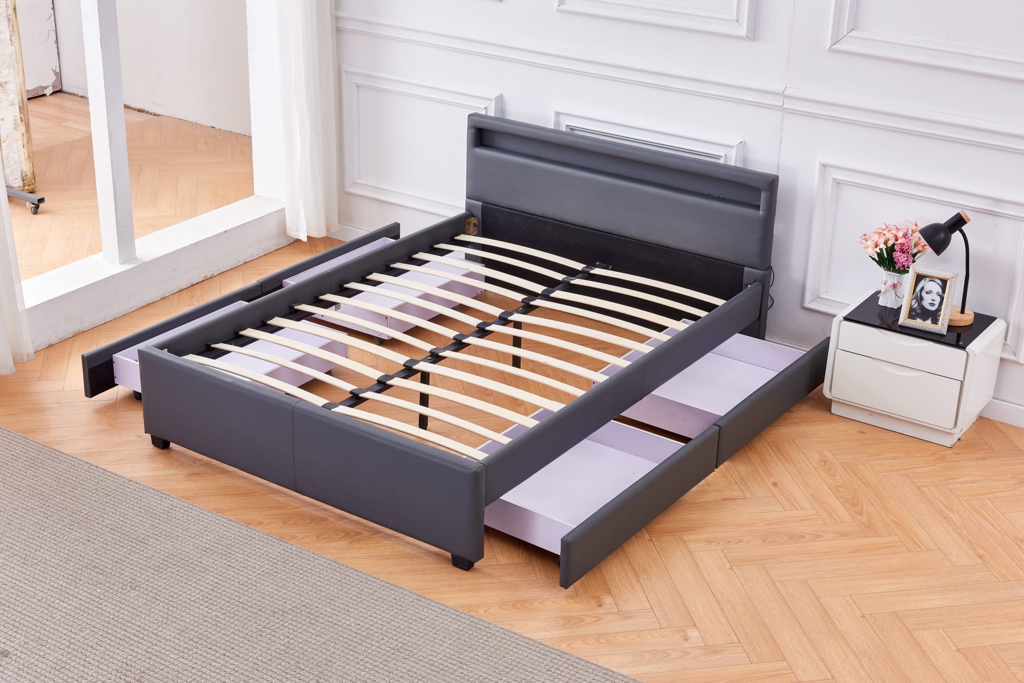 Lit 2 places 140x190 cm TIROIRS et LED sommier inclus