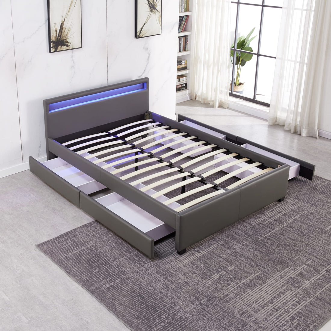 Lit 2 places 140x190 cm TIROIRS et LED sommier inclus