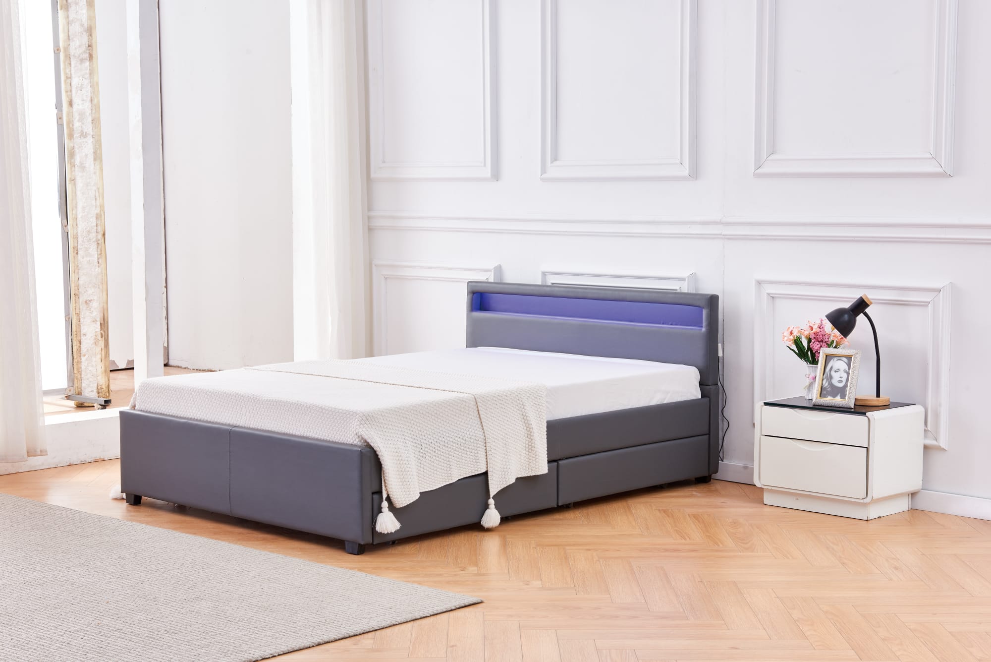 Lit adulte 160x200 cm TIROIRS et LED sommier inclus