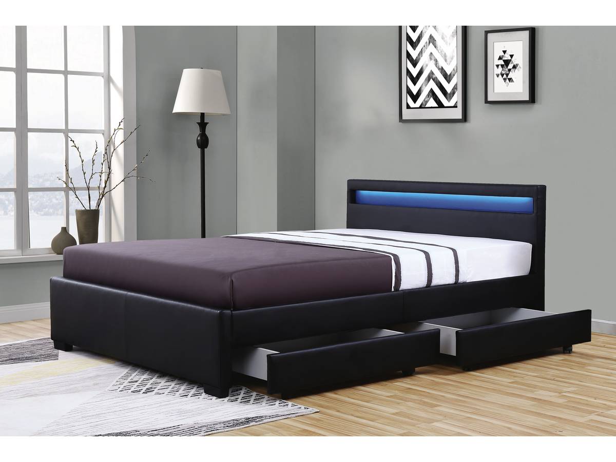 Lit 2 places 140x190 cm TIROIRS et LED sommier inclus