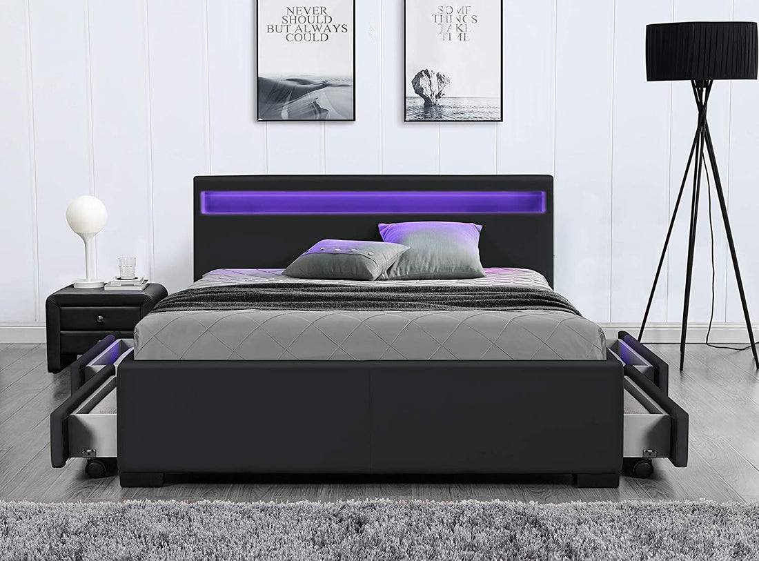 Lit 2 places 140x190 cm TIROIRS et LED sommier inclus