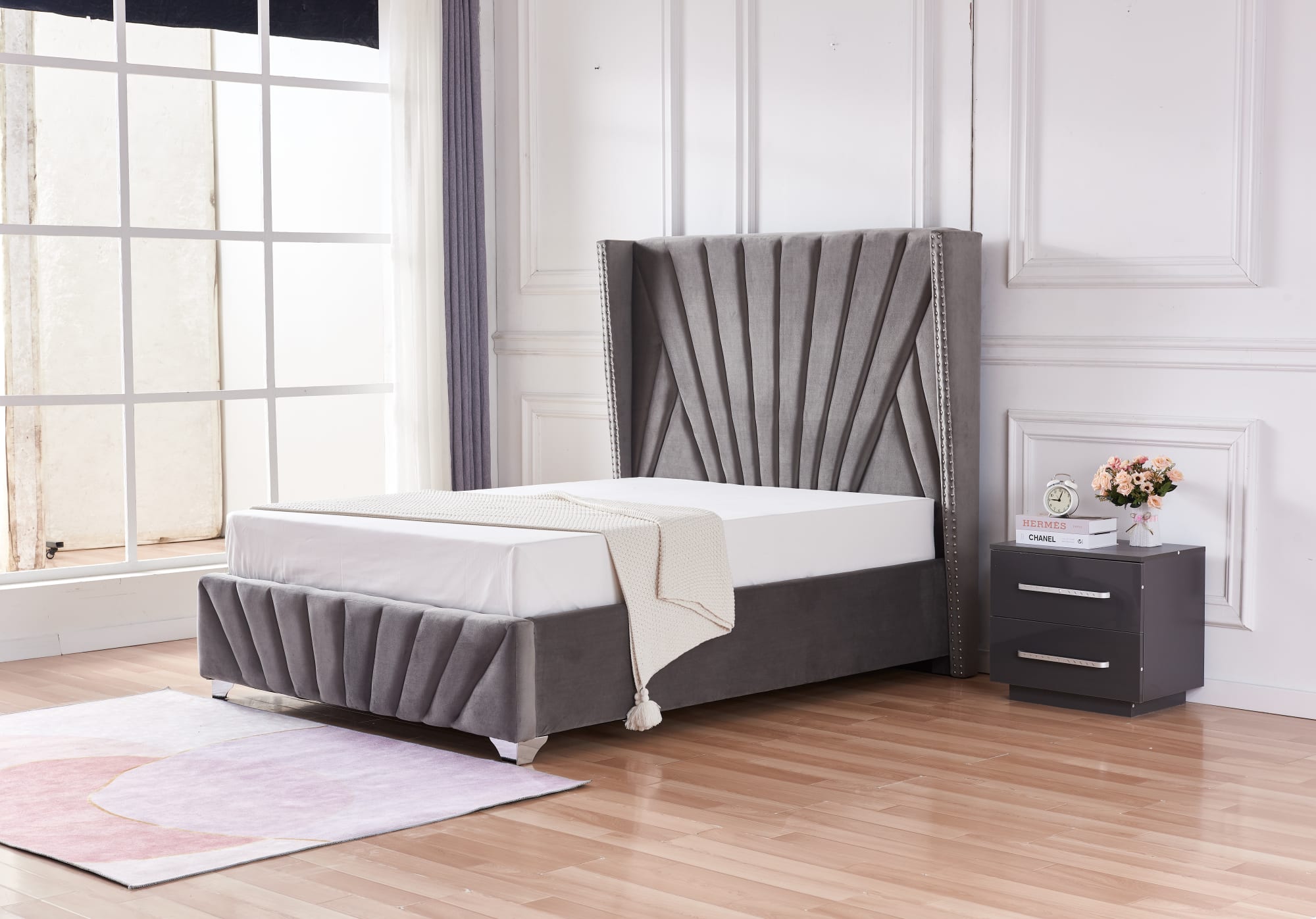 Lit 2 places 180x200cm BONIFACIO Velours sommier intégré