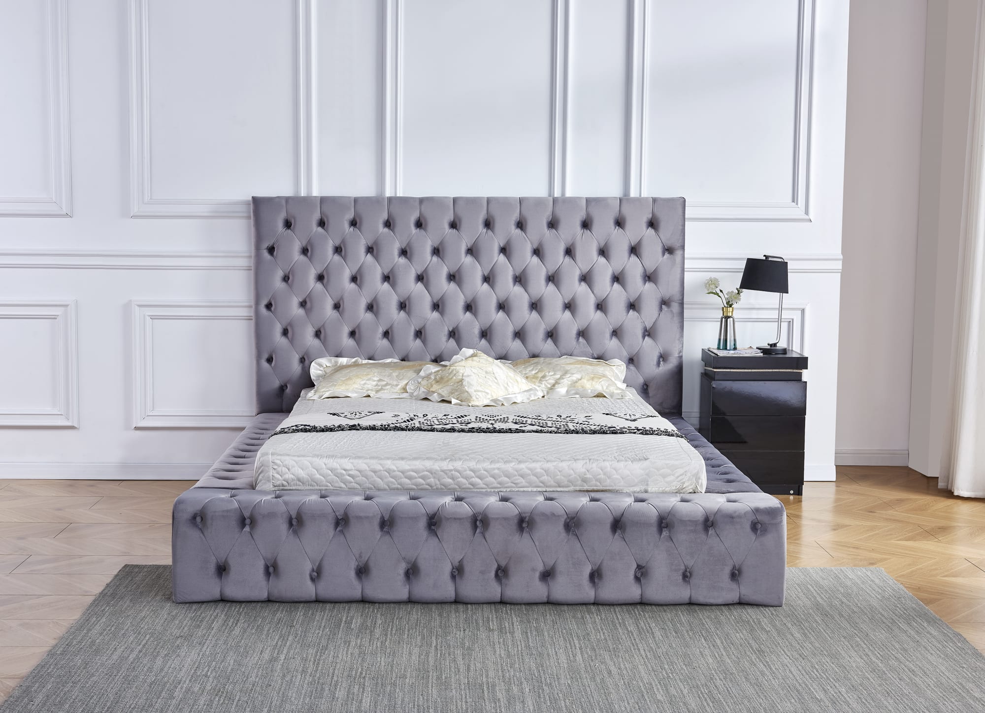 LIT ROYAL CAPITONNE VELOURS GRIS 180x200 cm
