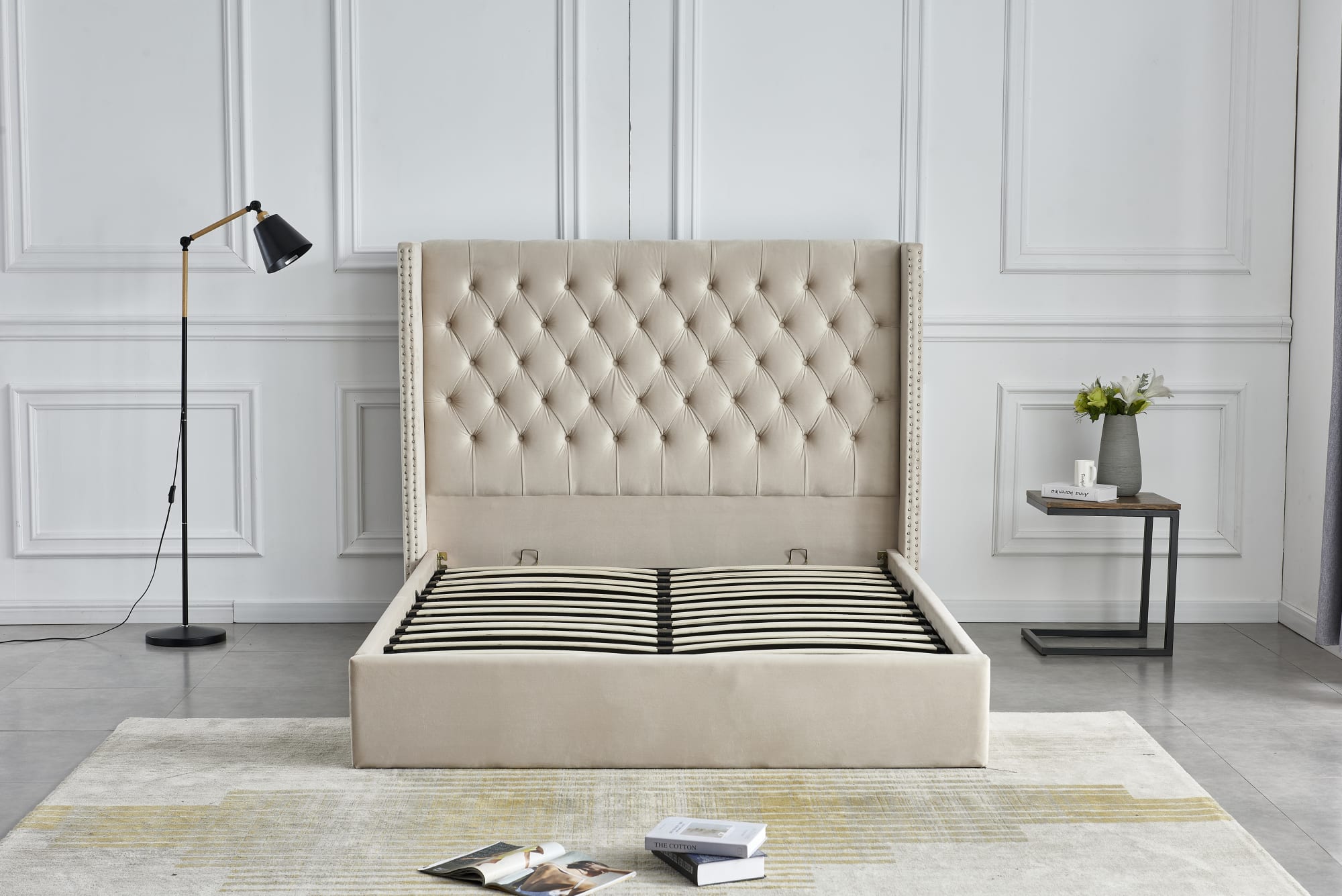 Lit COFFRE 2 places 140X190 cm cm CLOUTE velours