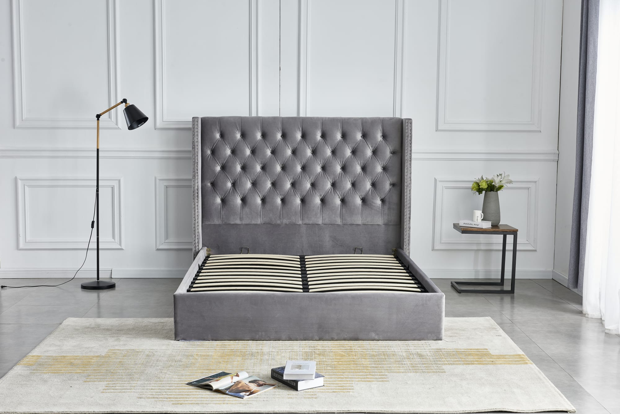 Lit COFFRE 2 places 140X190 cm cm CLOUTE velours