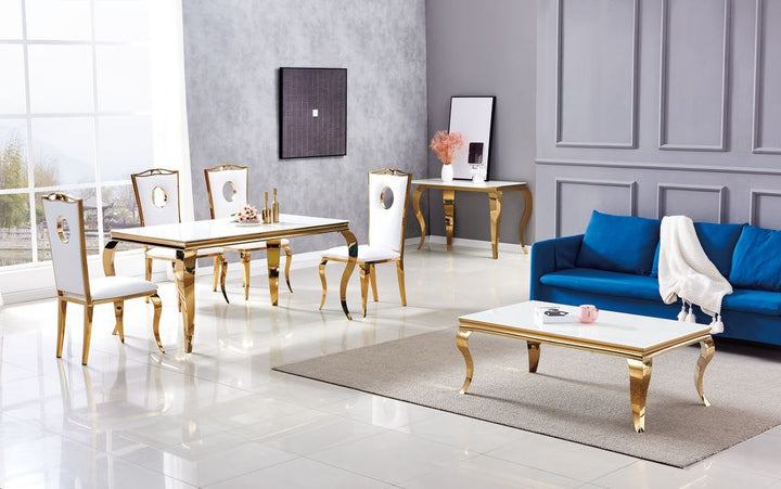 Table à manger BAROQUE 4 à 6 couverts pieds gold plateau en verre 150x90 cm