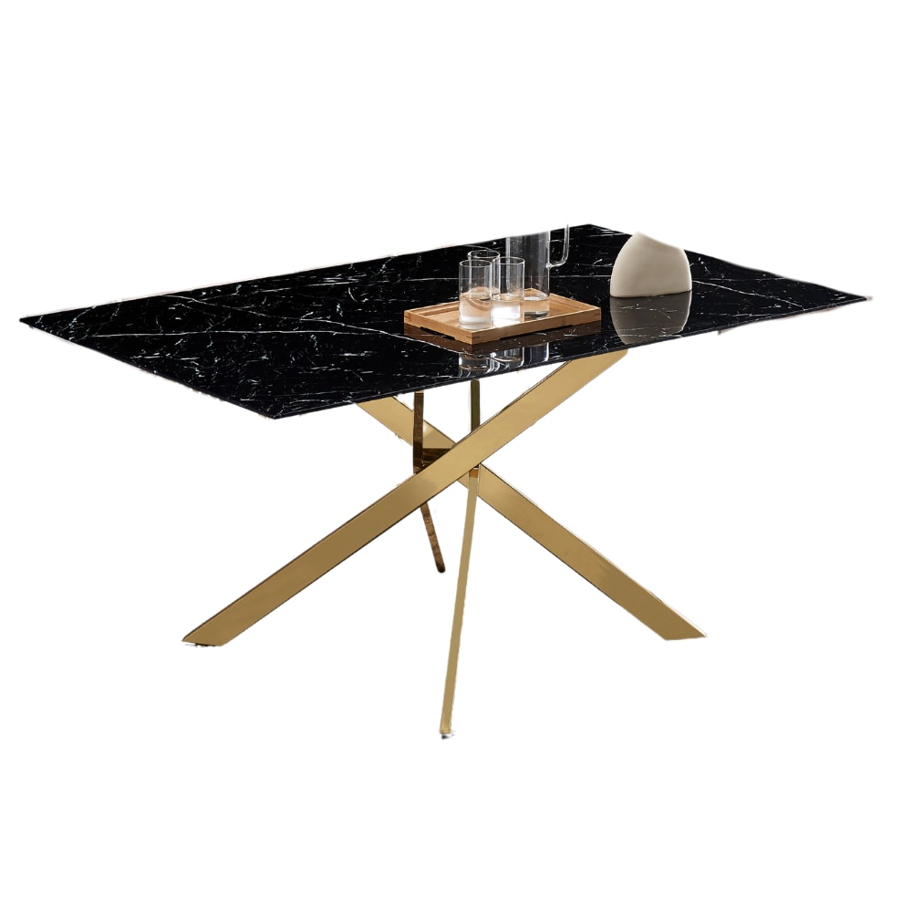 Table Repas JESSICA Gold et plateau en verre 150 cm 4 à 6 couverts
