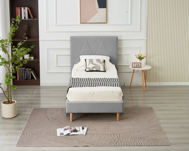 LIT SIMPLE SQUARE PIED BOIS SIMILICUIR GRIS 90X190CM