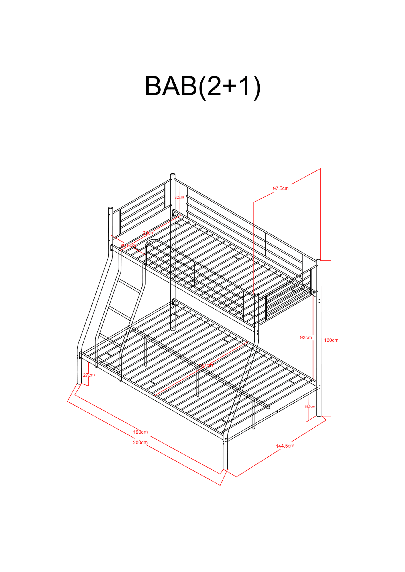 Lit superposé 3 places 2+1 métal COSTO sommier inclus