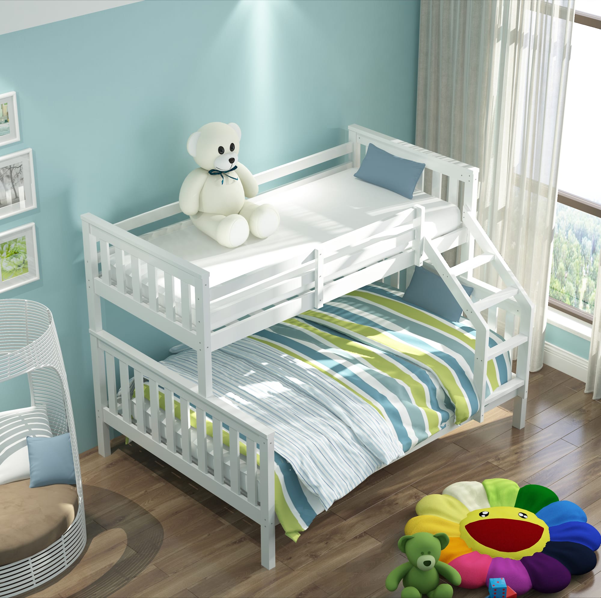 LIT BATNA EN BOIS BLANC 2+1 90X190cm + 140X190cm