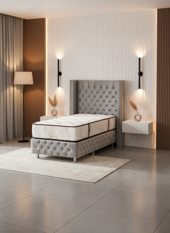 Lit coffre clouté gris-SAN