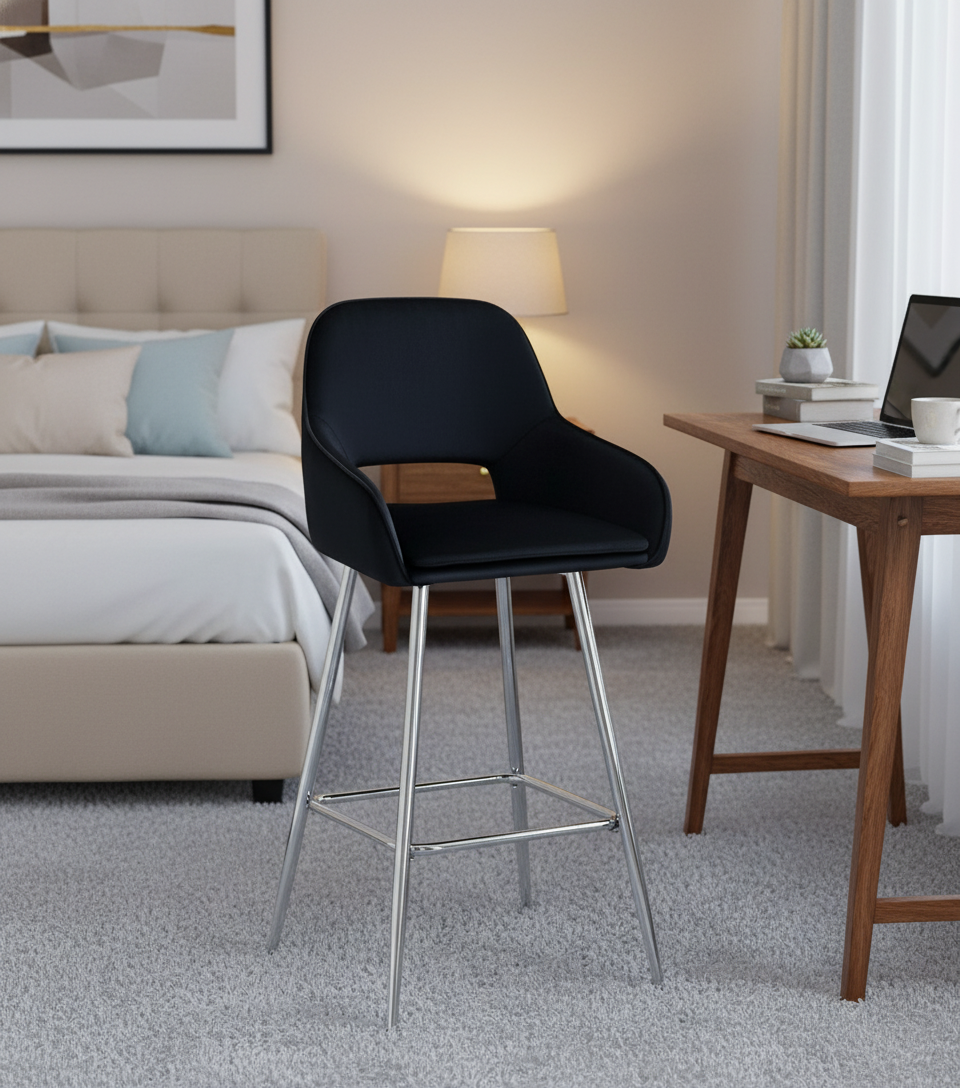 TABOURET DE BAR ATHENA PIED CHROME VELOURS NOIR