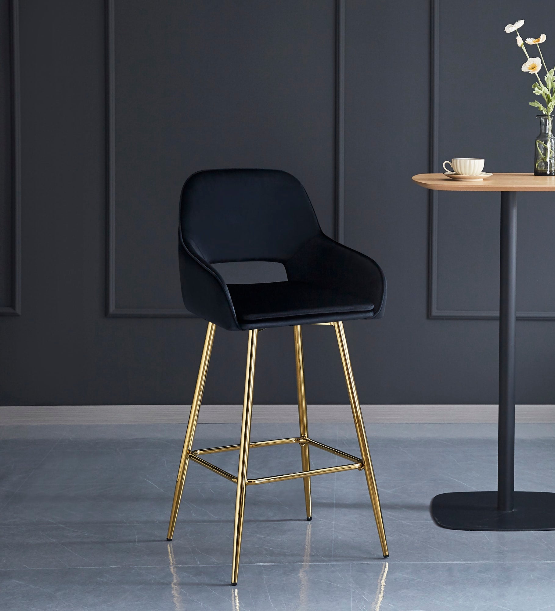TABOURET DE BAR ATHENA PIED GOLD VELOURS NOIR