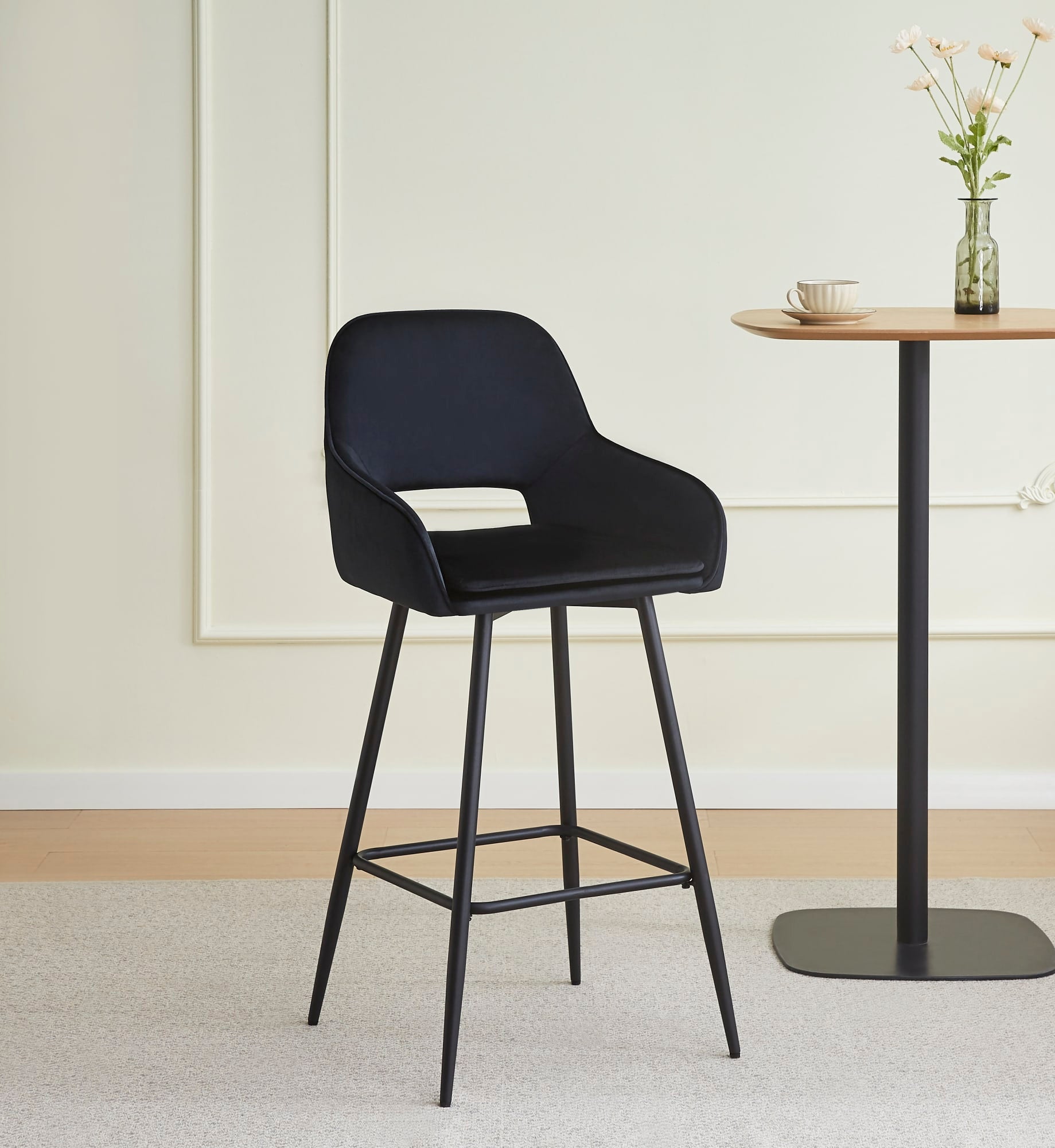 TABOURET DE BAR ATHENA PIED METAL NOIR VELOURS NOIR