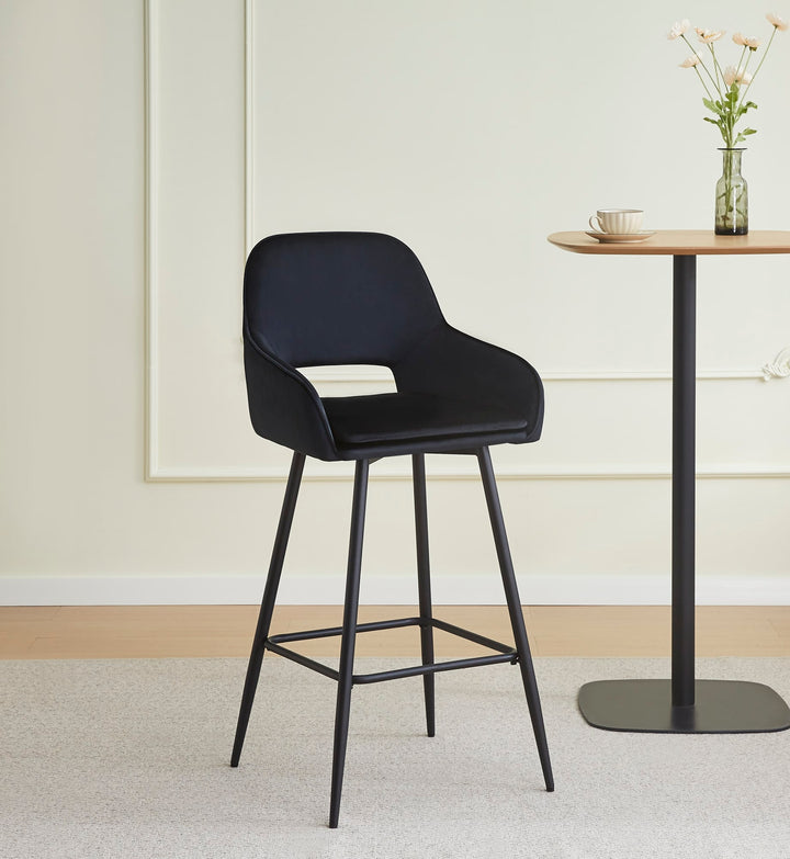 TABOURET DE BAR ATHENA PIED METAL NOIR VELOURS NOIR