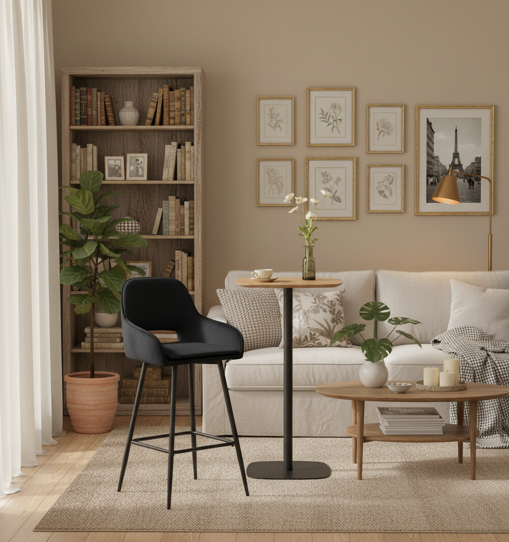 TABOURET DE BAR ATHENA PIED METAL NOIR VELOURS NOIR