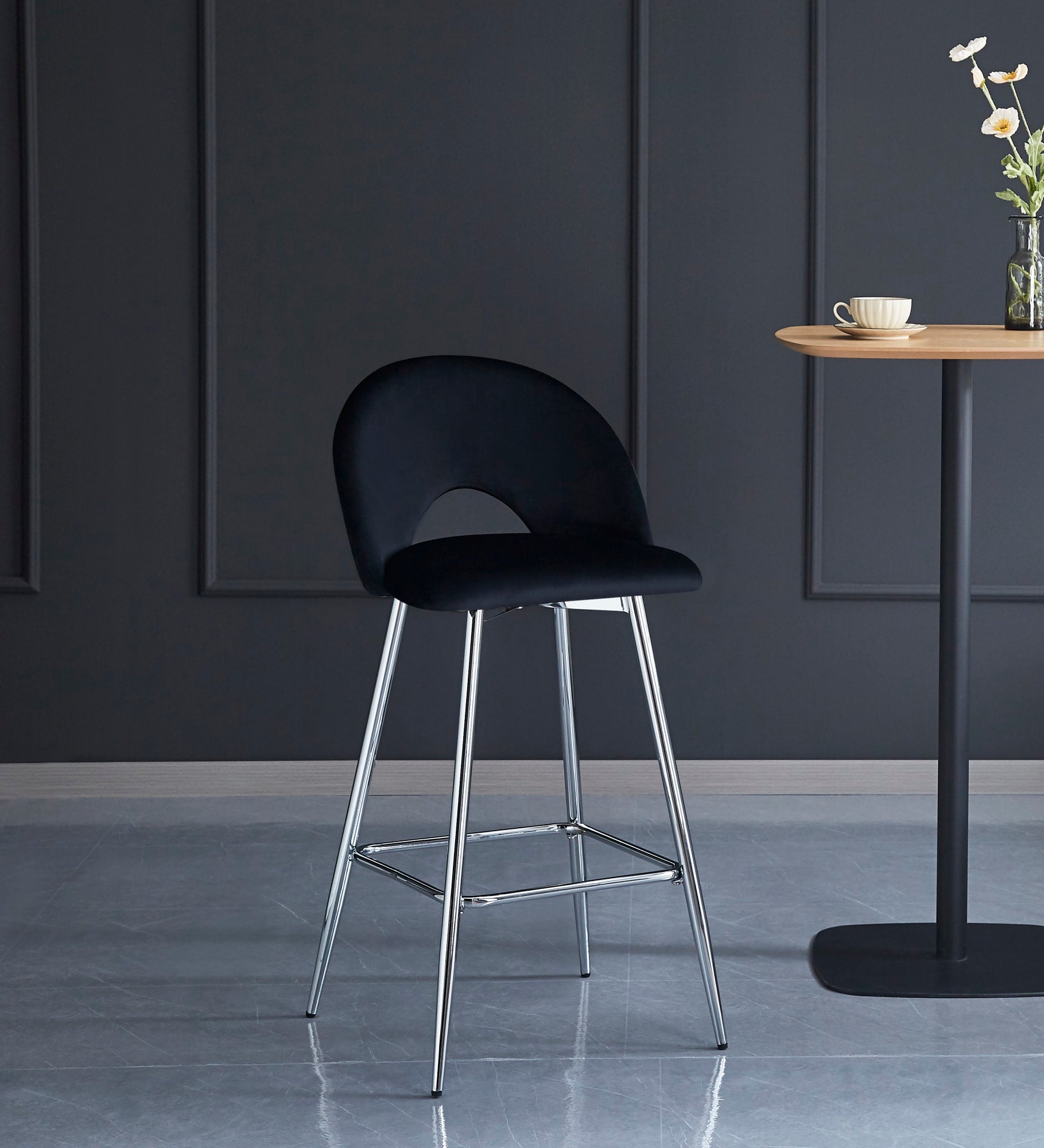 TABOURET DE BAR TEDDY PIED CHROME VELOURS NOIR