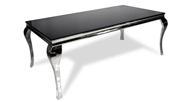 Table à manger BAROQUE 4 à 6 couverts pieds chrome plateau en verre 150x90 cm