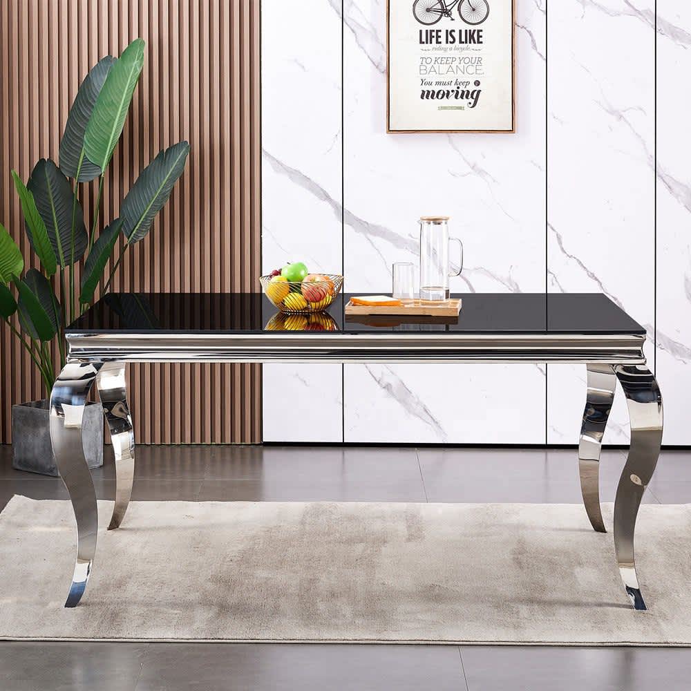 Table à manger BAROQUE 4 à 6 couverts pieds chrome plateau en verre 150x90 cm