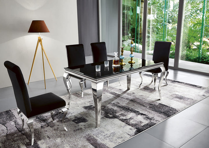 Table à manger BAROQUE 6 à 8 couverts pieds chrome plateau en verre 180x90 cm