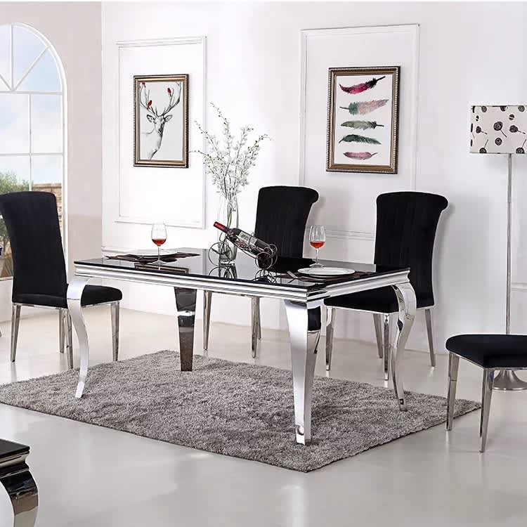 Table à manger BAROQUE 6 à 8 couverts pieds chrome plateau en verre 180x90 cm