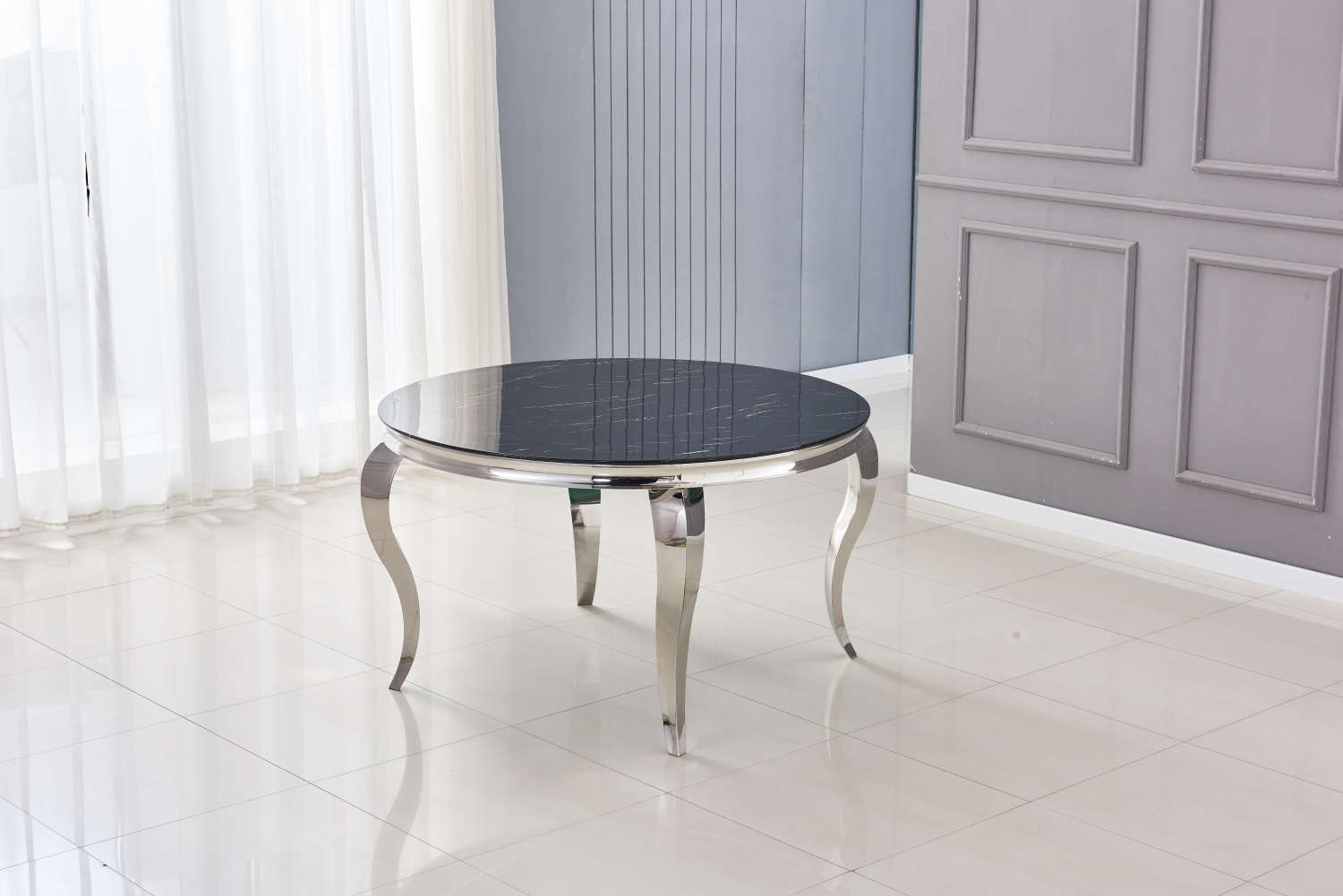 TABLE REPAS BAROQUE RONDE CHROME MARBRE NOIR 130x75 cm