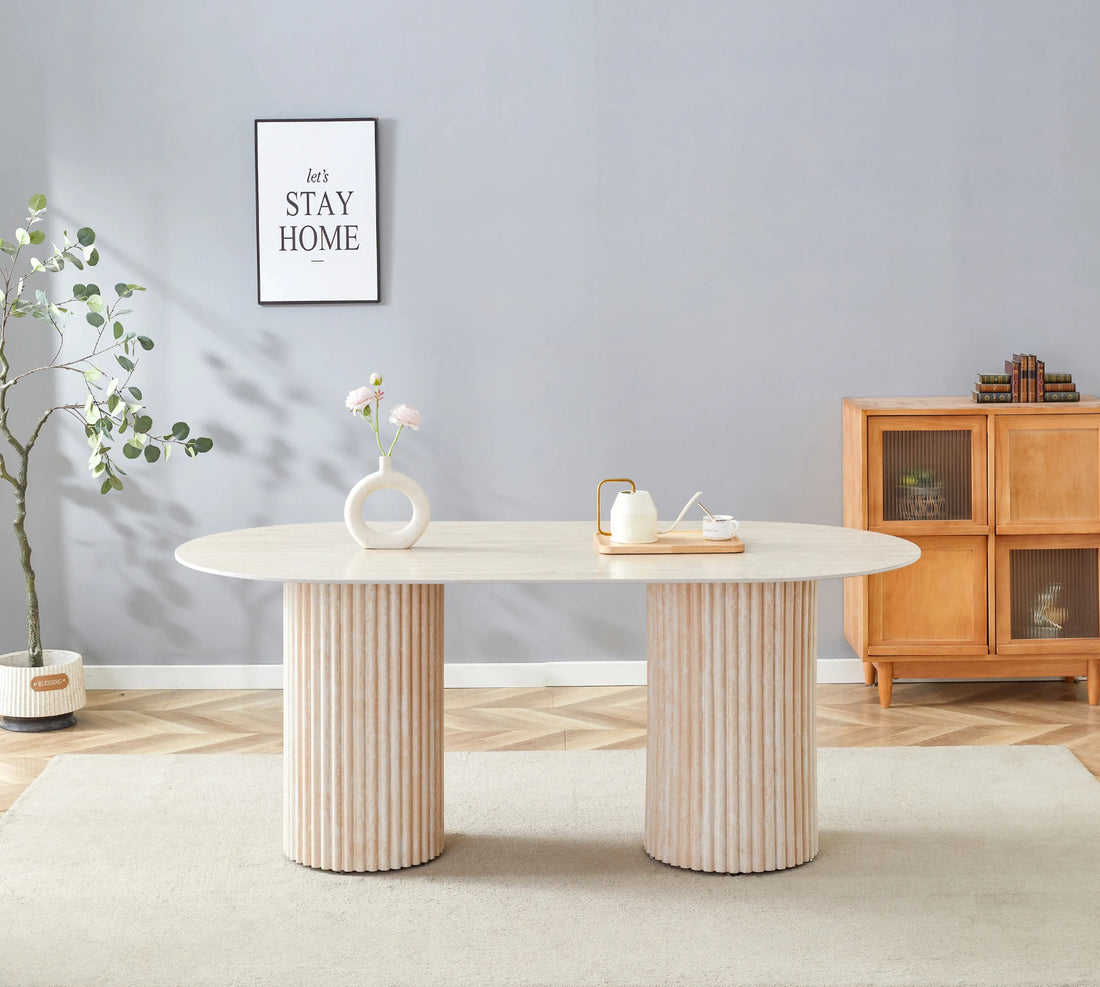 TABLE A MANGER KEYSHA PIED TRAVERTIN PLATEAU CERAMIQUE TRAVERTIN BRILLANT 160x90x75 CM