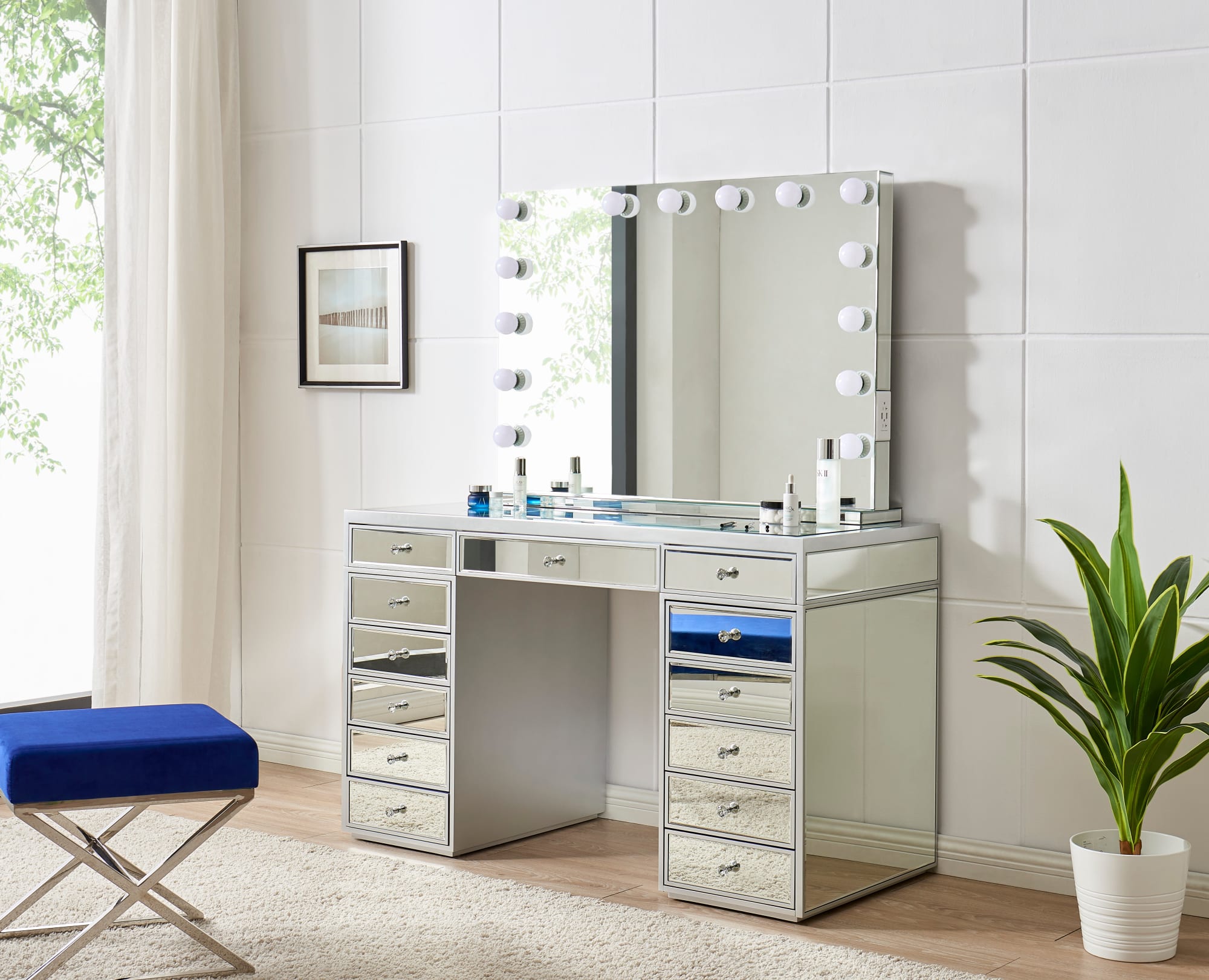 Ensemble coiffeuse + miroir HOLLYWOOD avec Led L 130x54,5x80 cm