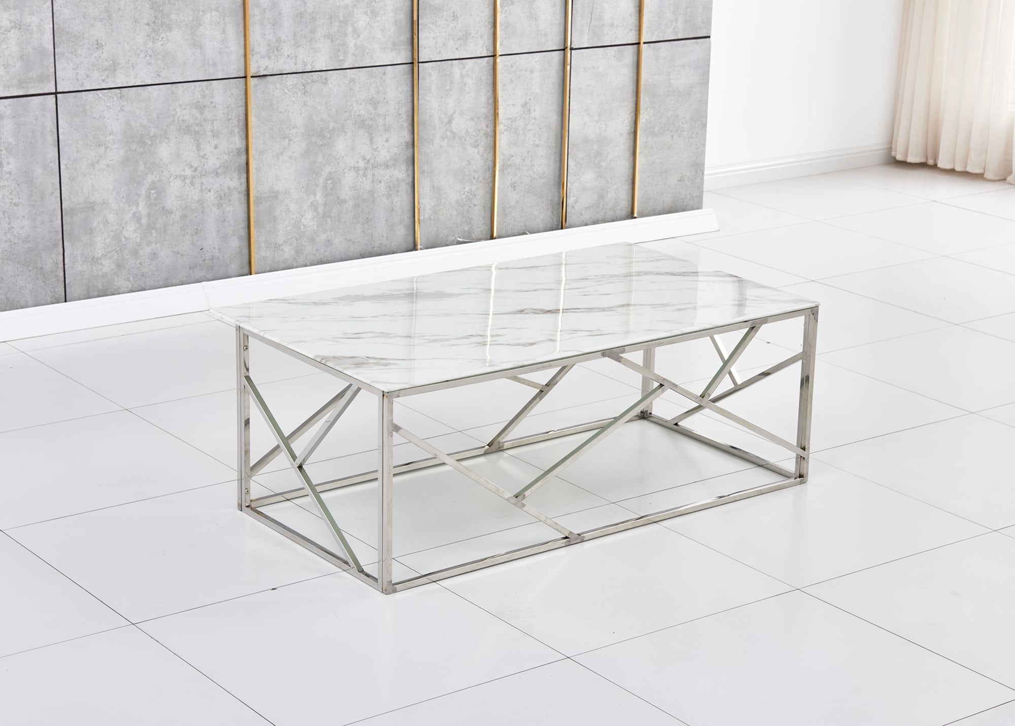 TABLE BASSE GEOMAG INOX MARBRE BLANC 120x60x45 cm