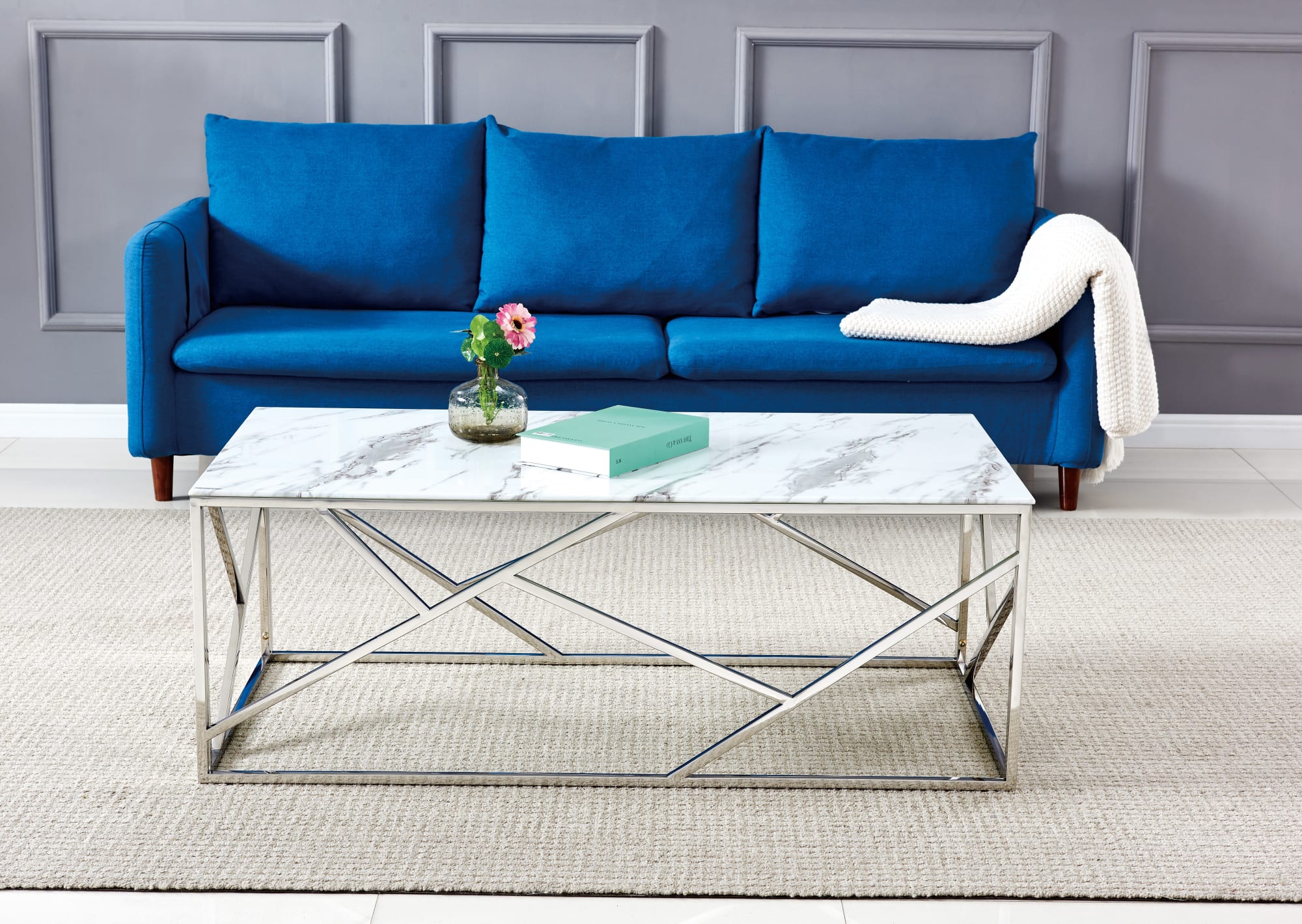 TABLE BASSE GEOMAG INOX MARBRE BLANC 120x60x45 cm