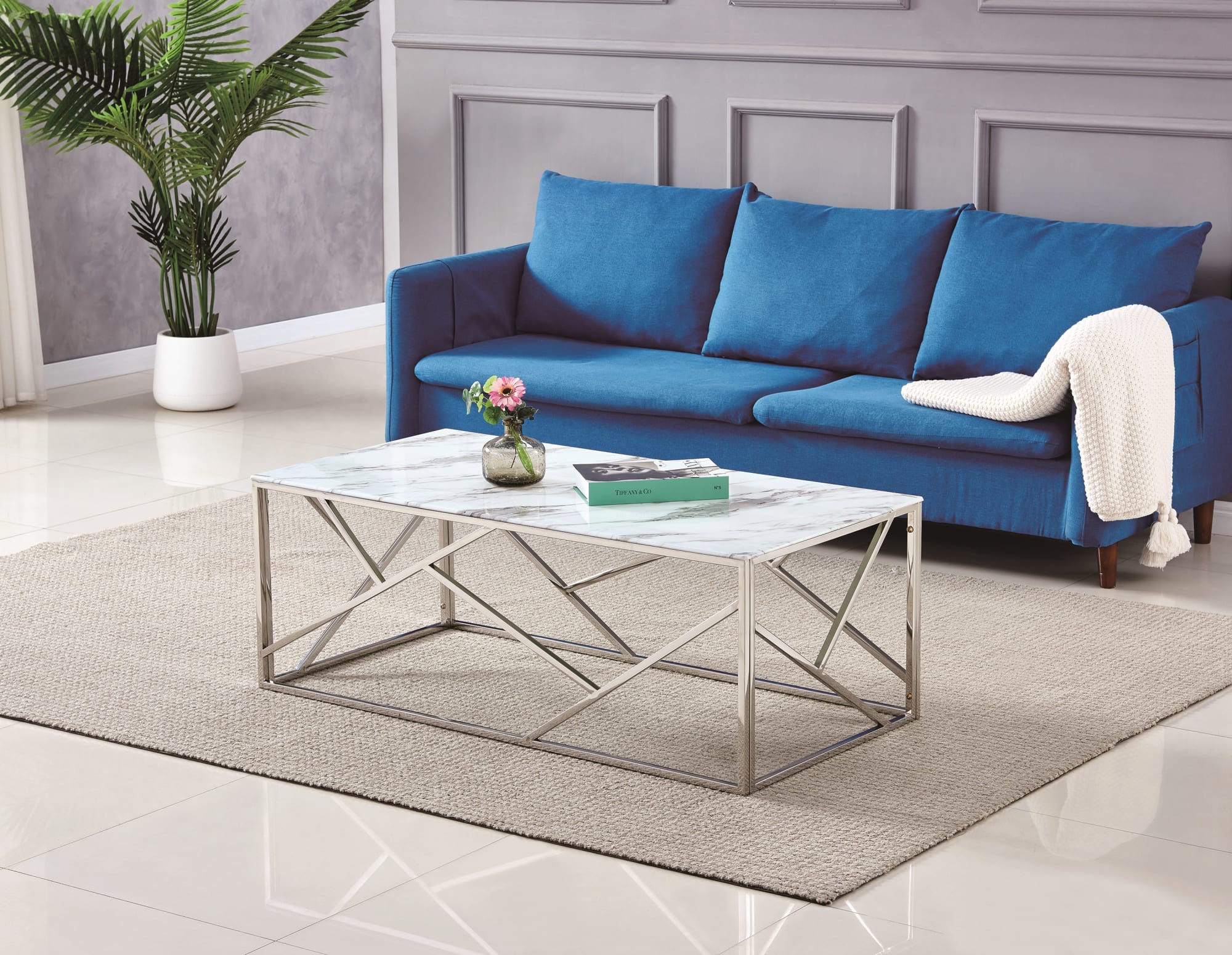 TABLE BASSE GEOMAG INOX MARBRE BLANC 120x60x45 cm