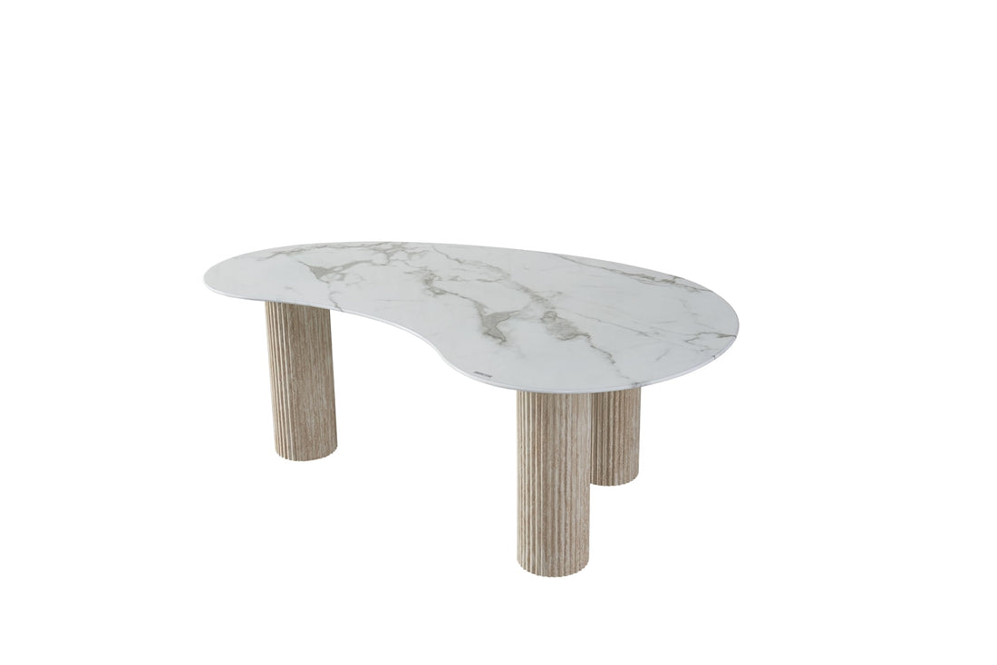 Table basse PYLONE pieds Beige et plateau en verre marbré blanc