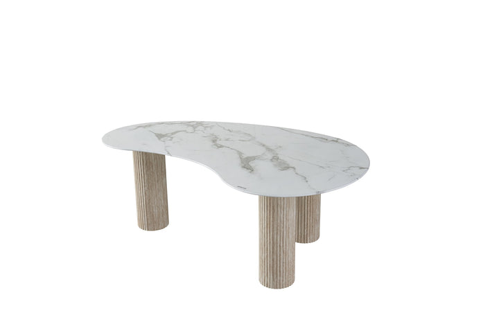 Table basse PYLONE pieds Beige et plateau en verre marbré blanc