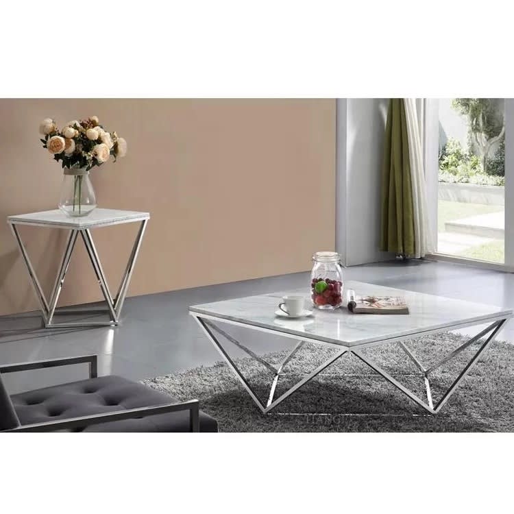 TABLE BASSE ALINA CHROME MARBRE BLANC 100x100x45 cm