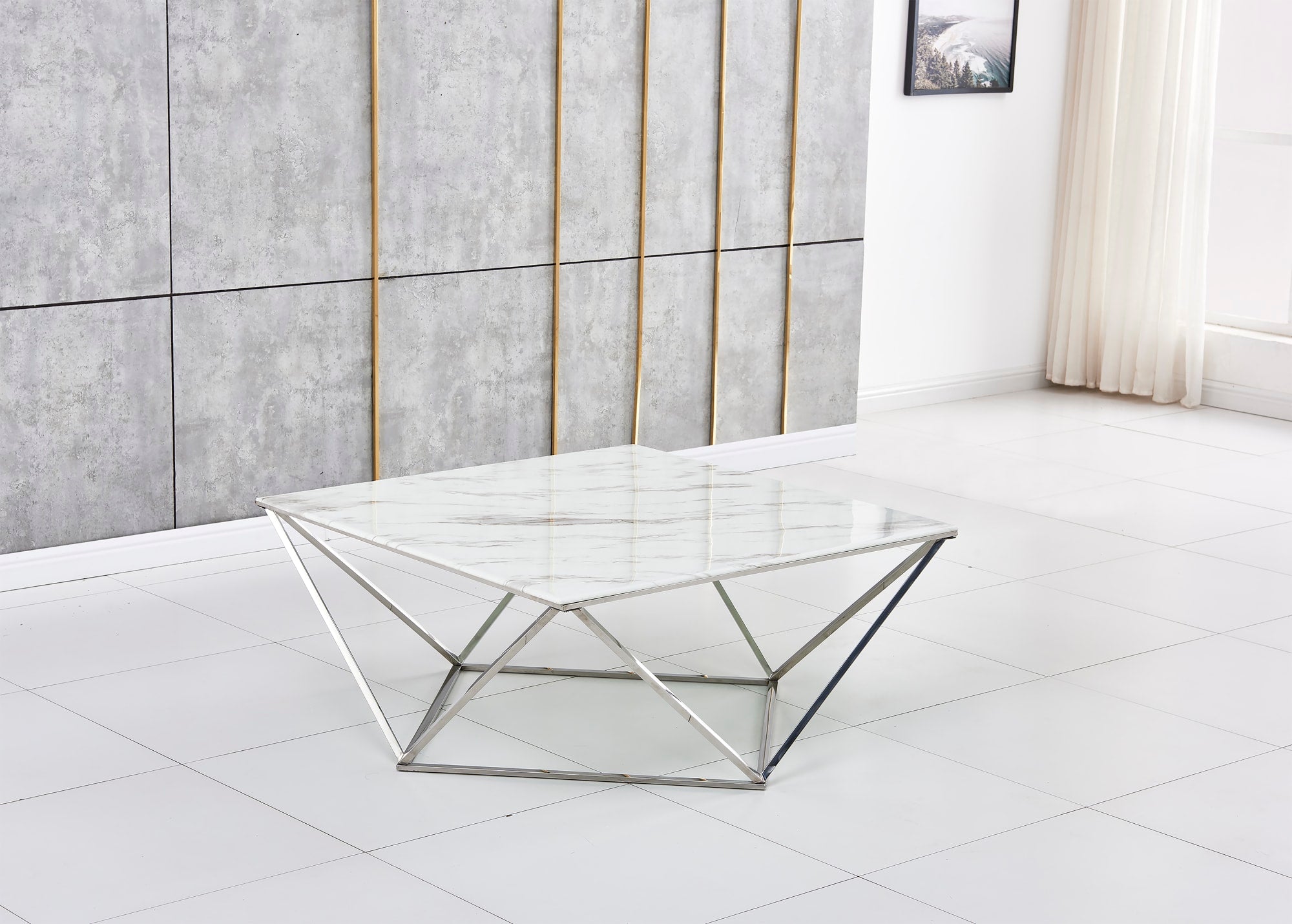 TABLE BASSE ALINA CHROME MARBRE BLANC 100x100x45 cm