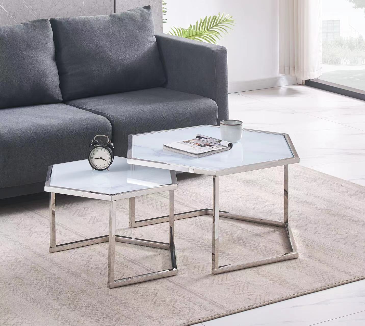 Lot de 2 tables basses Gigogne HEXAGONA structure chrome et plateau en verre